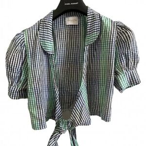 Maison Cleo Tie-Front Gingham Cropped Top in Navy and Green large